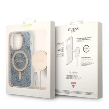 Zestaw Guess GUBPP14XH4EACSB Case+ Charger iPhone 14 Pro Max 6,7 niebieski/blue hard case 4G Print MagSafe