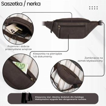 Saszetka męska skórzana nerka na pas brązowa vintage pojemna Paolo Peruzzi AY-29-HBR