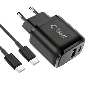 TECH-PROTECT NCA45W-GAN 2-PORT NETWORK CHARGER PD 45W / QC3.0 + TYPE-C CABLE BLACK