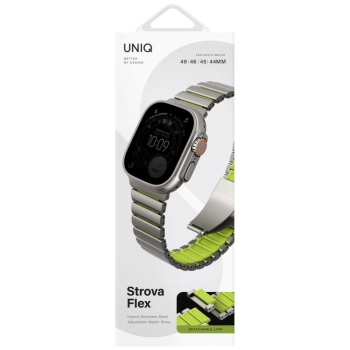 Pasek UNIQ Strova Flex do Apple Watch    44/45/46/49mm Series 1/2/3/4/5/6/7/8/9/10/11/SE/SE2/SE3/Ultra/Ultra 2/Ultra 3 srebrno limonkowy