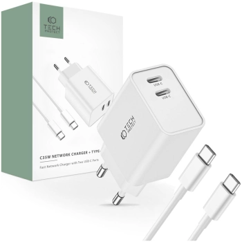TECH-PROTECT C35W 2-PORT NETWORK CHARGER PD35W + TYPE-C CABLE WHITE