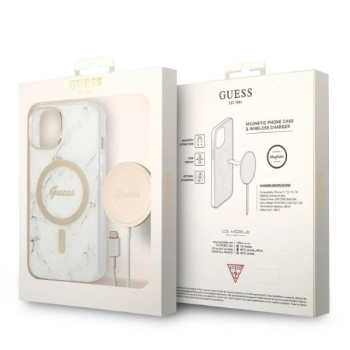 Zestaw Guess GUBPP14MHMEACSH Case+ Charger iPhone 14 Plus / 15 Plus 6.7 biały/white hard case Marble MagSafe