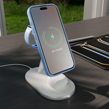 Ładowarka bezprzewodowa 3 w 1 Puro Mag Station Qi2 kompatybilna z MagSafe - biała