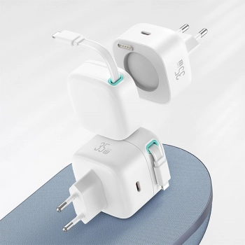 USAMS Ład. siec. 1xUSB-C ze zwijanymkablem Lighning Retractable PD+QC 35W Gan Fast Charging biały/white XMF Series CC209TC02 (US-CC209)