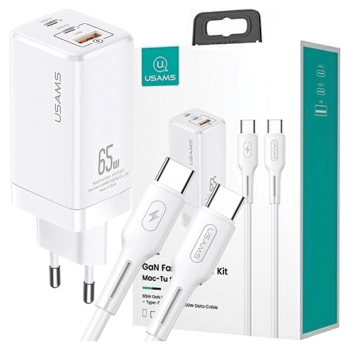 USAMS Ład. siec. MT 2xUSB-C+USB GaN 65WT33 PD + kabel USB-C-USB-C 100W Fast Charging biały/white MTXLOGTC02