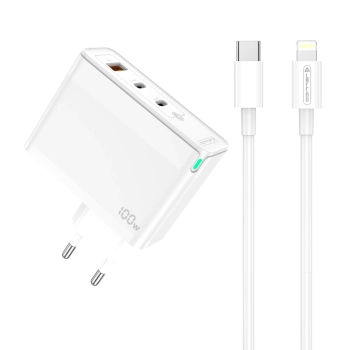 JELLICO ładowarka sieciowa C118 GaN PD 100W 2xUSB-C + 1xUSB QC3.0 + kabel USB-C - Lightning Biały