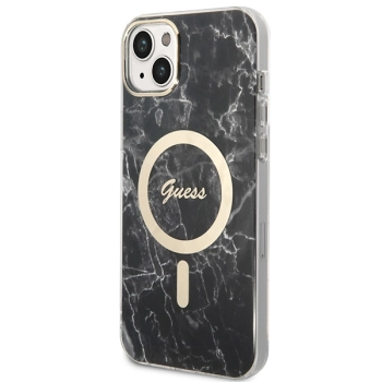 Zestaw Guess GUBPP14MHMEACSK Case+ Charger iPhone 14 Plus / 15 Plus 6.7 czarny/black hard case Marble MagSafe