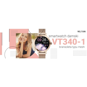 Smartwatch Damski VELTORI VT340-1 Złota Bransoleta + Różowy Pasek Silikonowy