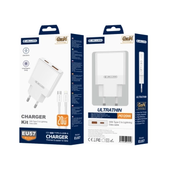 JELLICO ładowarka sieciowa EU57 PD 20W 1xUSB-C + 1xUSB QC3.0 + kabel USB-C - Lightning Biały