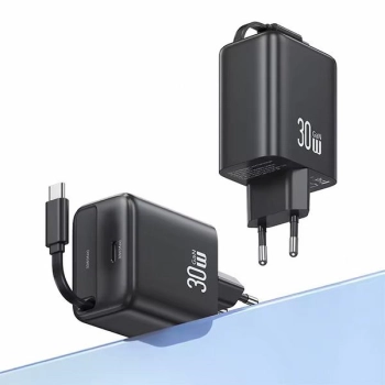 USAMS Ład. siec. 1xUSB-C ze zwijanymkablem USB-C Retractable PD+QC 30W Gan Fast Charging czarny/black YC Series CC241TC01 (US-CC241)