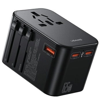 USAMS Adapter siec 1xUSB+2xUSB-C T62 65W4w1 US/AU/EU/UK czarny/black CC199TC01 (US-CC199) Univesal Travel Charger