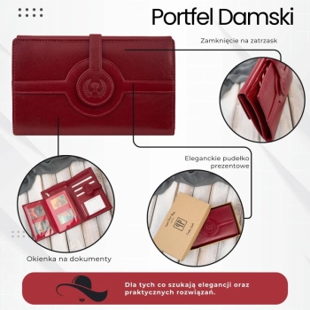 Portfel damski skórzany czerwony duży na ramię elegancki