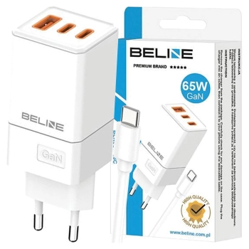 Beline Ład. siec. 2x USB-C + 1x USB 65W+ kabel USB-C biały/white PD 3.0 + QC 3.0  BLN3CW65C GaN