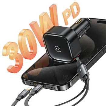 USAMS Ład. sam. ze zwijanym kablem1xUSB-C+1x Lightning C41 PD 30W Fast Charge czarny/black CC219CC01 (US-CC219)