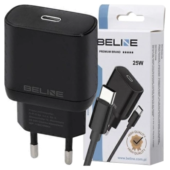 Beline Ład. siec. 1x USB-C 25W + kabelUSB-C czarna /black PD 3.0  BLNCB25C GaN
