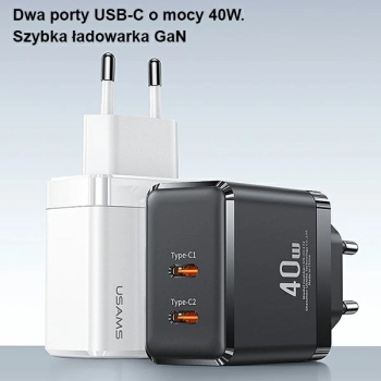 USAMS Ład. siec. 2xUSB-C T54 GaN 40W(only head) PD Fast Charging biały/white CC172TC02 (US-CC172)