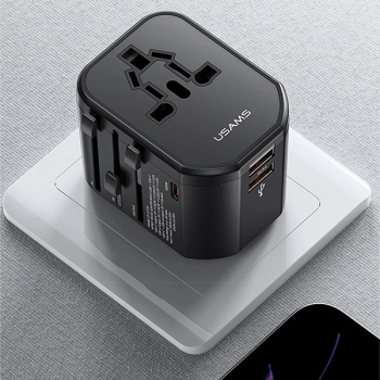 USAMS Adapter siec 2xUSB+1xUSB-C T59 20W4w1 US/AU/EU/UK czarny/black CC179TC01 (US-CC179) Universal Travel Charger
