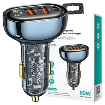 USAMS Ład. sam. 2xUSB+1xUSB-C 80WFast Charge niebieski/blue CC159CC02 (US-CC159)