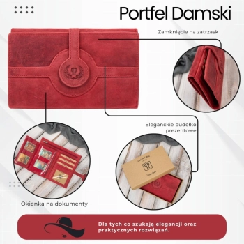 Portfel damski skórzany czerwony vintage na ramię elegancki