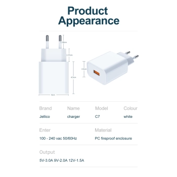 JELLICO ładowarka sieciowa C7 22.5W 1xUSB QC3.0 Biały