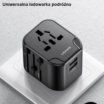 USAMS Adapter siec. 2xUSB T55 12W4w1 US/AU/EU/UK czarny/black CC173TC01 (US-CC173) Univesal Travel Charger