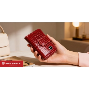Portfel damski skórzany Peterson RFID czerwony lakierowany croco pionowy