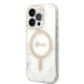 Zestaw Guess GUBPP14LHMEACSH Case+ Charger iPhone 14 Pro 6,1 biały/white hard case Marble MagSafe