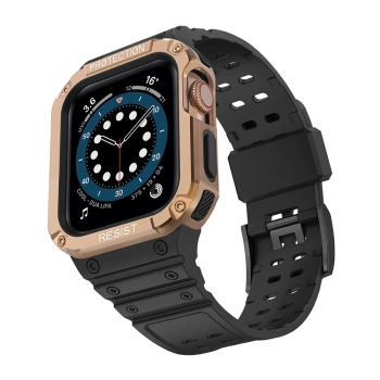 Protect Strap Band opaska z etui do Apple Watch 7 / 6 / 5 / 4 / 3 / 2 / SE (45 / 44 / 42mm) obudowa pancerny pokrowiec na zegarek czarny / różowe złot