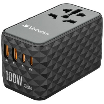 Verbatim Adapter podróżny EU/UK/US GaN2xUSB-A/2xUSB-C PD 100W UTA-06 czarny/black 32121