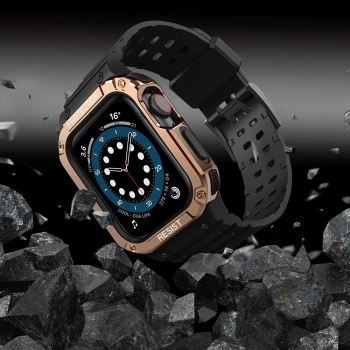 Protect Strap Band opaska z etui do Apple Watch 7 / 6 / 5 / 4 / 3 / 2 / SE (45 / 44 / 42mm) obudowa pancerny pokrowiec na zegarek czarny / różowe złot