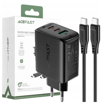 Acefast 2w1 ładowarka sieciowa 2x USB-C / USB-A 65W, PD, QC 3.0, AFC, FCP (zestaw z kablem USB-C 1.2m) czarny (A13 black)