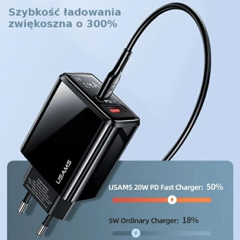 USAMS Ład. siec. 1xUSB-C+1xUSB T40 20WLED (only head) PD3.0 +QC3.0 Fast Charging czarny/black CC133TC01 (US-CC133)