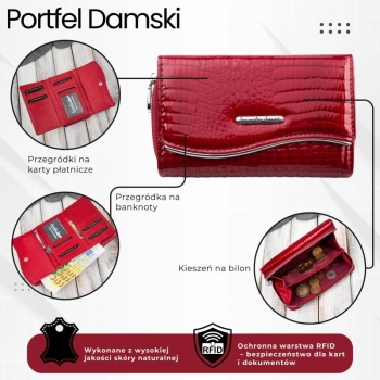 Portfel damski skórzany lakierowany ze wzorem croco