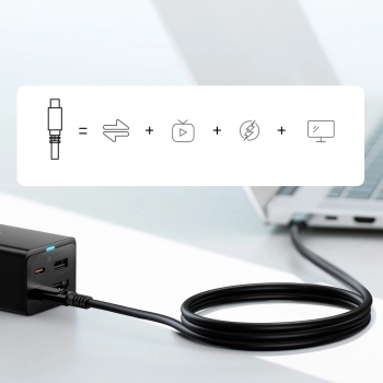 Ładowarka sieciowa GaN5 Baseus CCGP110201 HUB HDMI 2x USB-C / USB-A / HDMI 4K 30Hz 1,5m - czarna + kabel USB-C - USB-C 100W 1m