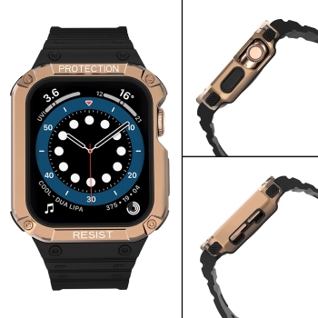 Protect Strap Band opaska z etui do Apple Watch 7 / 6 / 5 / 4 / 3 / 2 / SE (45 / 44 / 42mm) obudowa pancerny pokrowiec na zegarek czarny / różowe złot