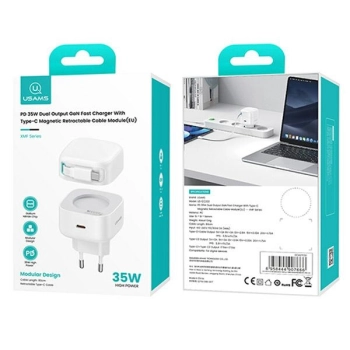 USAMS Ład. siec. 1xUSB-C ze zwijanymkablem USB-C Retractable PD+QC 35W Gan Fast Charging biały/white XMF Series CC202TC02 (US-CC202)
