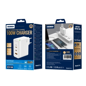 JELLICO ładowarka sieciowa C118 GaN PD 100W 2xUSB-C + 1xUSB QC3.0 Biały