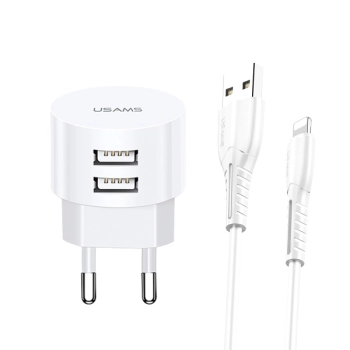 USAMS Ład. siec. 2xUSB T20 2,1A lightning biały/white round Fast Charging  XTXLOGT1804