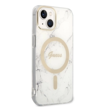 Zestaw Guess GUBPP14MHMEACSH Case+ Charger iPhone 14 Plus / 15 Plus 6.7 biały/white hard case Marble MagSafe