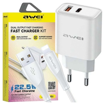 AWEI ład. siec. PD81L-EU 22.5W + kabelUSB + Lightning biała/white GaN