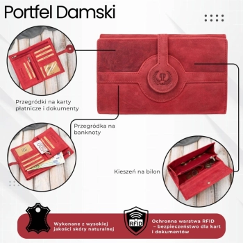 Portfel damski skórzany czerwony vintage na ramię elegancki
