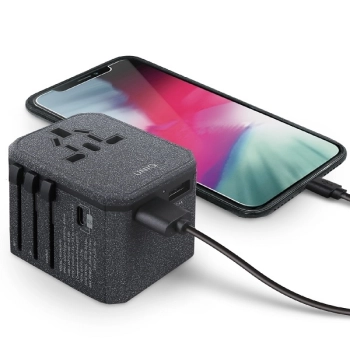 UNIQ Ład. siec. Voyage World Adapter 33W+ 2xUSB + PD 18W + QC 3.0 szary/charcoal grey (LITHOS Collective)