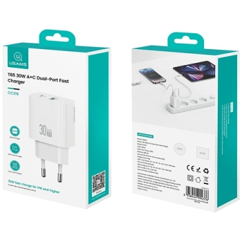 Ładowarka sieciowa USAMS CC316 T65 30W   1xUSB-C 1xUSB-A Fast Charging biały