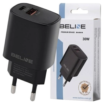 Beline Ład. siec. 1x USB-C + 1x USB 30Wczarna /black (only head) PD 3.0 + QC 3.0  BLN2CB30 GaN