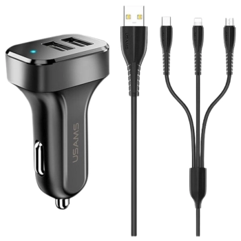 USAMS Ład. sam. 2xUSB C13 2,1A 3w1(microUSB/USB-C/lightning) czarny/black NTU35YTSC13TZ