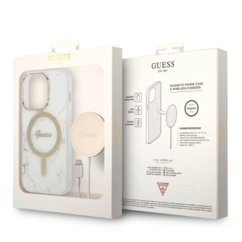 Zestaw Guess GUBPP14LHMEACSH Case+ Charger iPhone 14 Pro 6,1 biały/white hard case Marble MagSafe