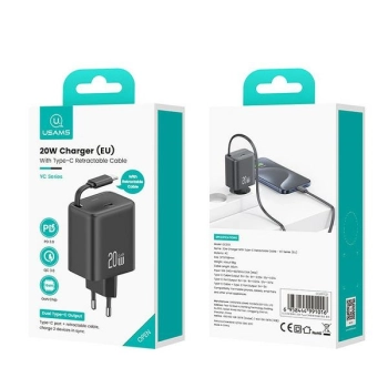 USAMS Ład. siec. 1xUSB-C ze zwijanymkablem USB-C Retractable PD+QC 20W Gan Fast Charging czarny/black YC Series CC233TC01 (US-CC233)