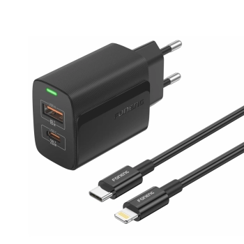FONENG ładowarka sieciowa EU66 PD 20W 1xUSB-C + 1xUSB QC3.0 + kabel USB-C - Lightning Czarny