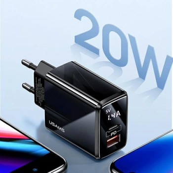 USAMS Ład. siec. 1xUSB-C+1xUSB T40 20WLED (only head) PD3.0 +QC3.0 Fast Charging czarny/black CC133TC01 (US-CC133)