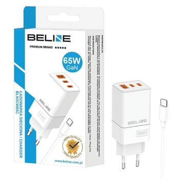 Beline Ład. siec. 2x USB-C + 1x USB 65W+ kabel USB-C biały/white PD 3.0 + QC 3.0  BLN3CW65C GaN